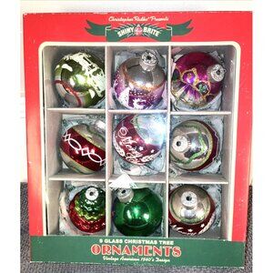 Shiny Brite 9 Christmas Ornaments Stenciled Flocked Christopher W/original paper